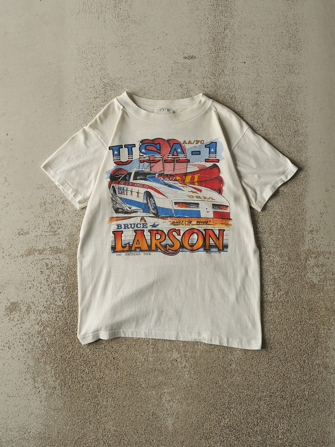 Vintage 85' White Bruce Larson Single Stitch Racing Tee (XS/S)