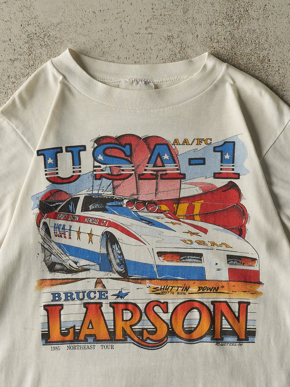 Vintage 85' White Bruce Larson Single Stitch Racing Tee (XS/S)