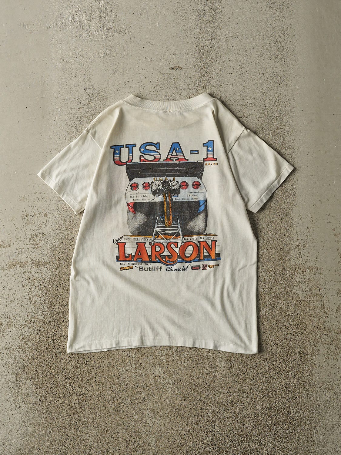 Vintage 85' White Bruce Larson Single Stitch Racing Tee (XS/S)