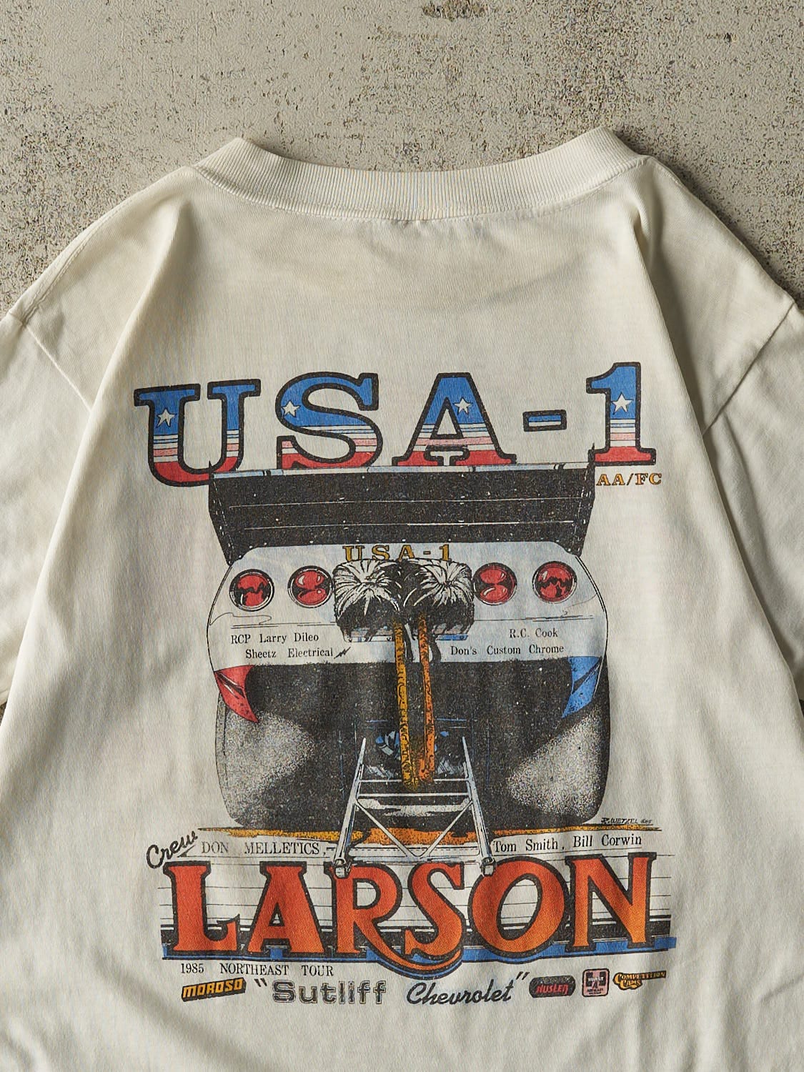 Vintage 85' White Bruce Larson Single Stitch Racing Tee (XS/S)