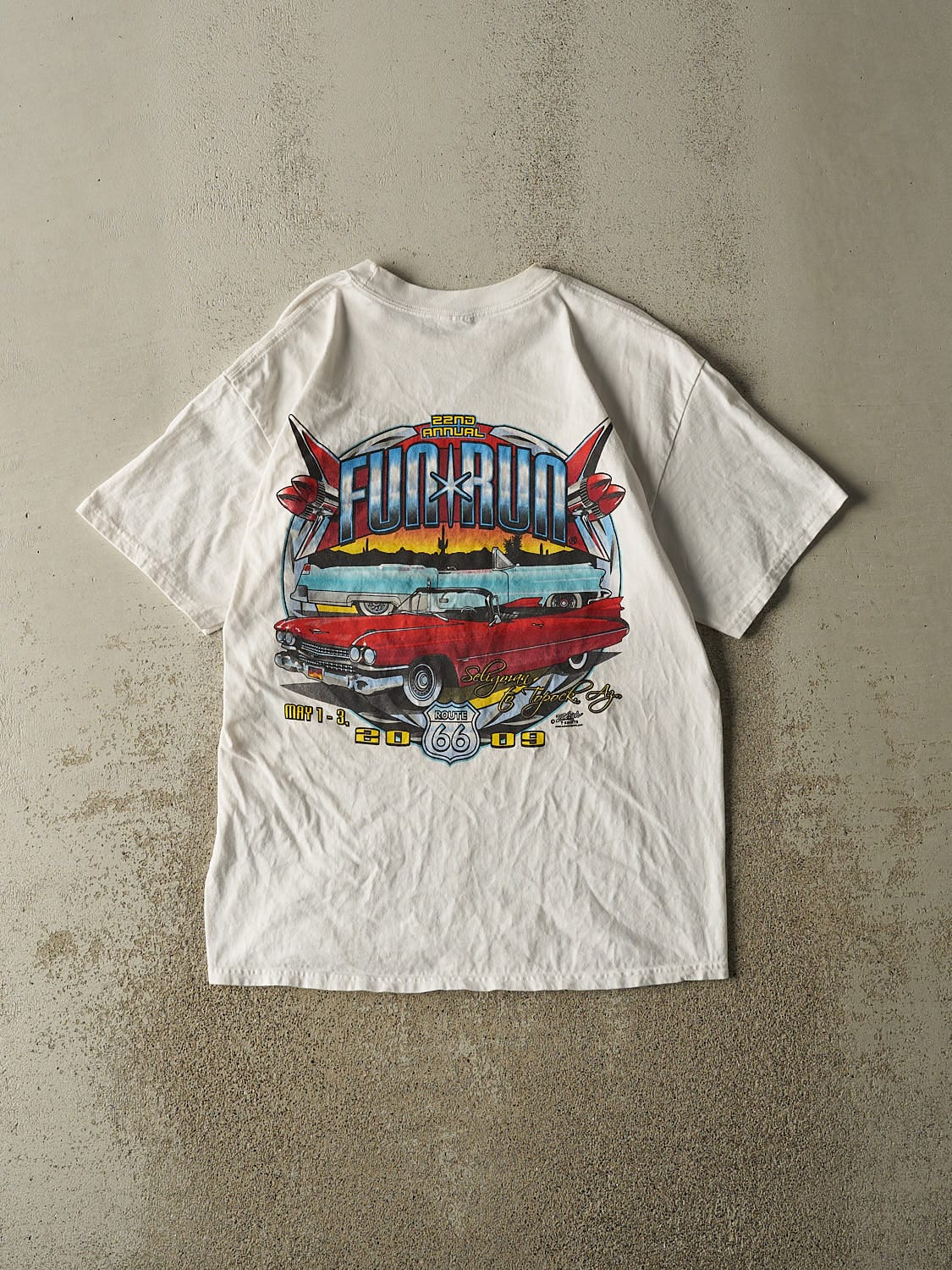 Vintage 09' White Route 66 Fun Run Pocket Tee (M/L)