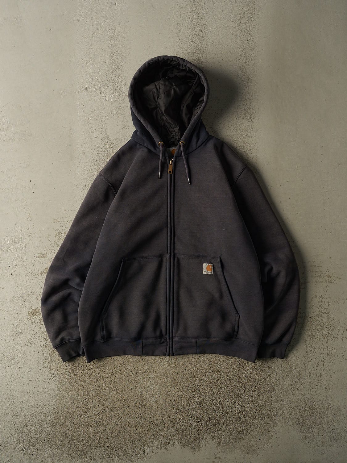 Vintage 90s Sun Faded Navy Carhartt Quilt Lined Heavyweight Zip Up Hoodie (XL)