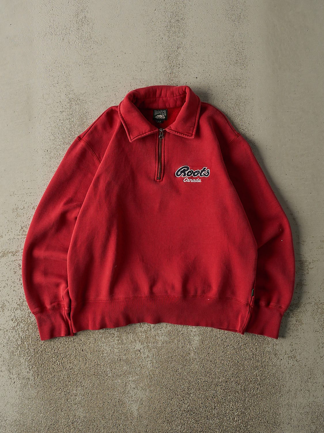 Vintage 90s Sun Faded Red Roots Embroidered Quarter Zip (S)