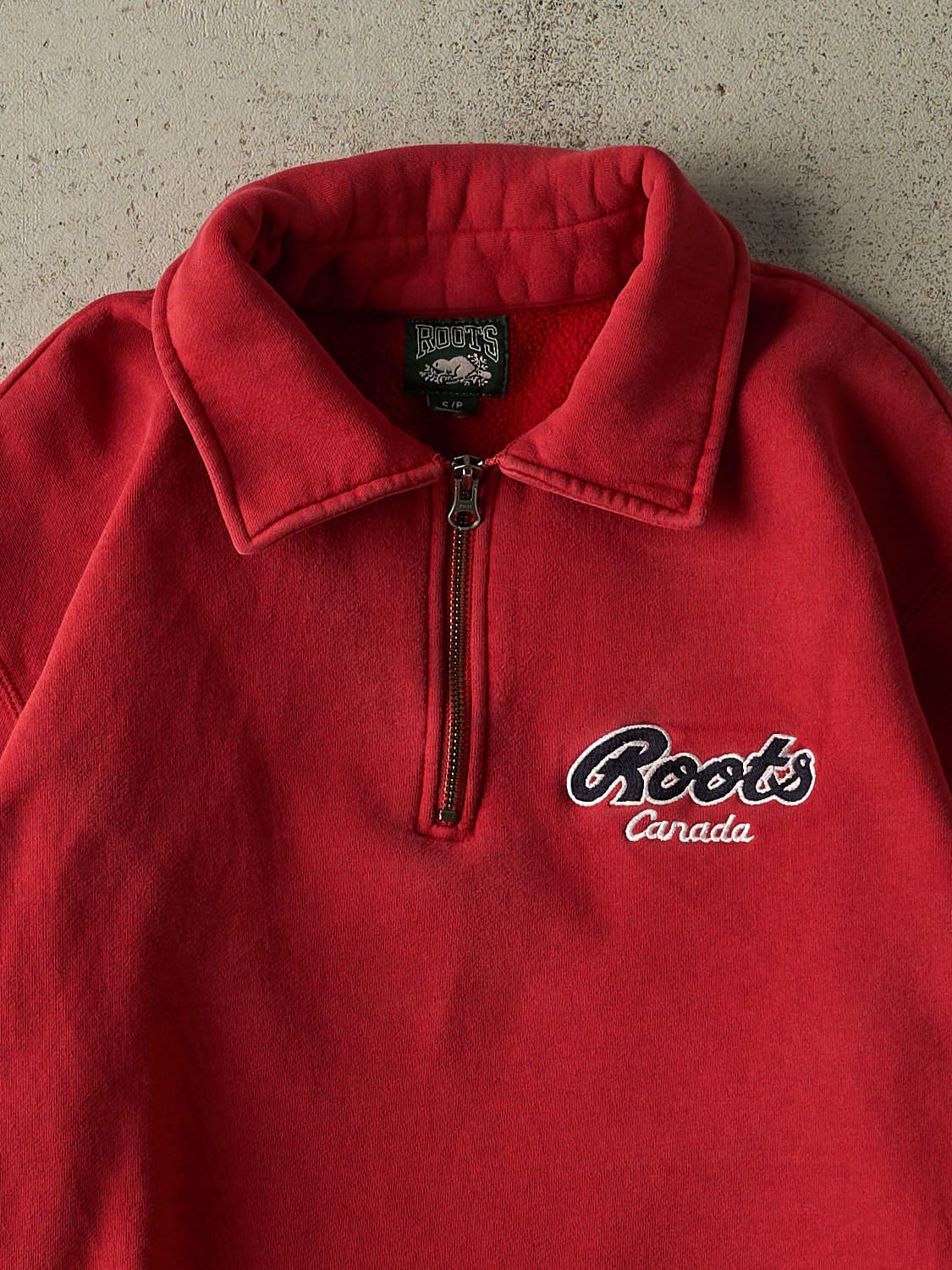 Vintage 90s Sun Faded Red Roots Embroidered Quarter Zip (S)