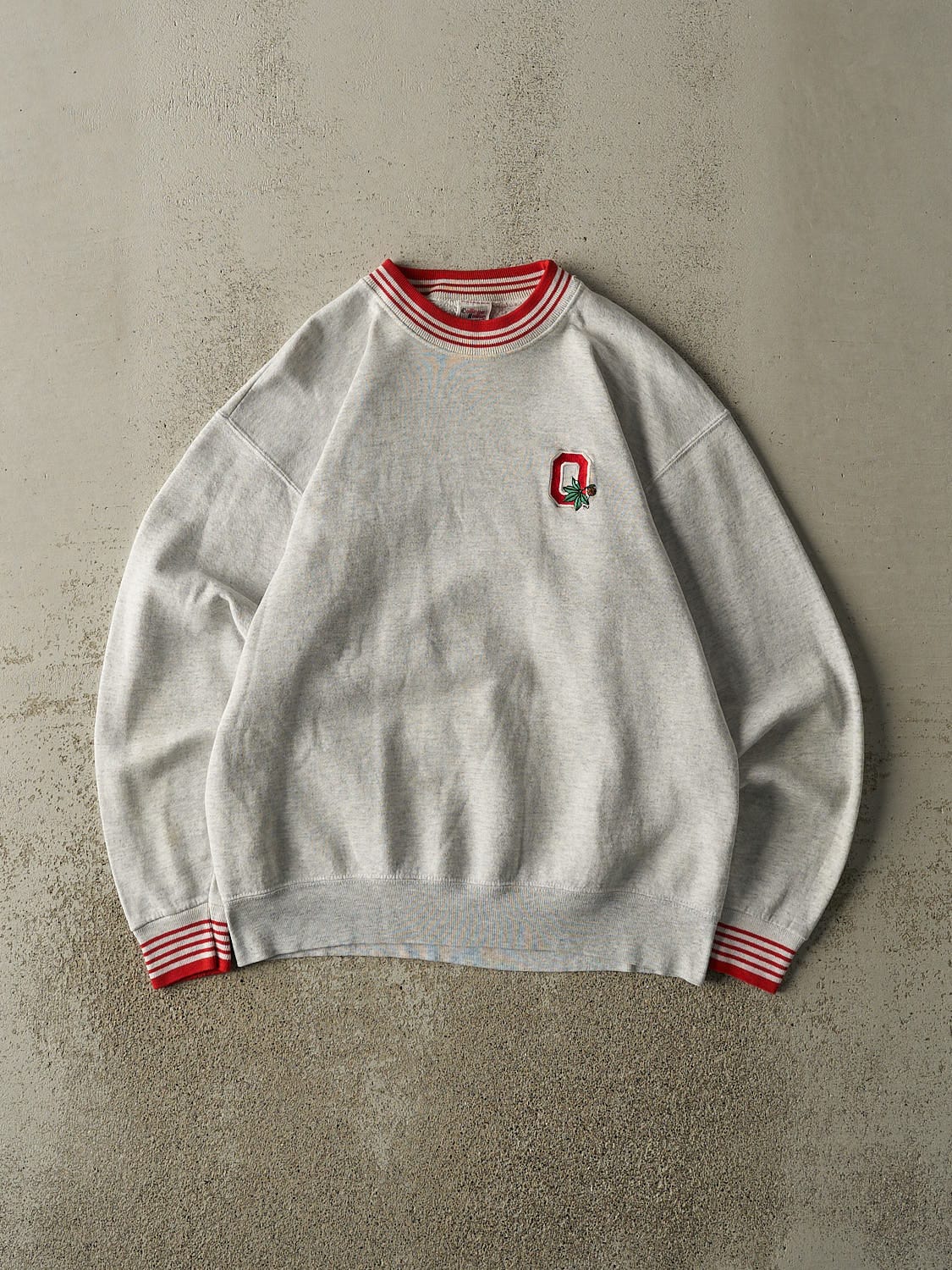 Vintage 80s Heather Grey Ohio State University Embroidered Ribbed Crewneck (M)