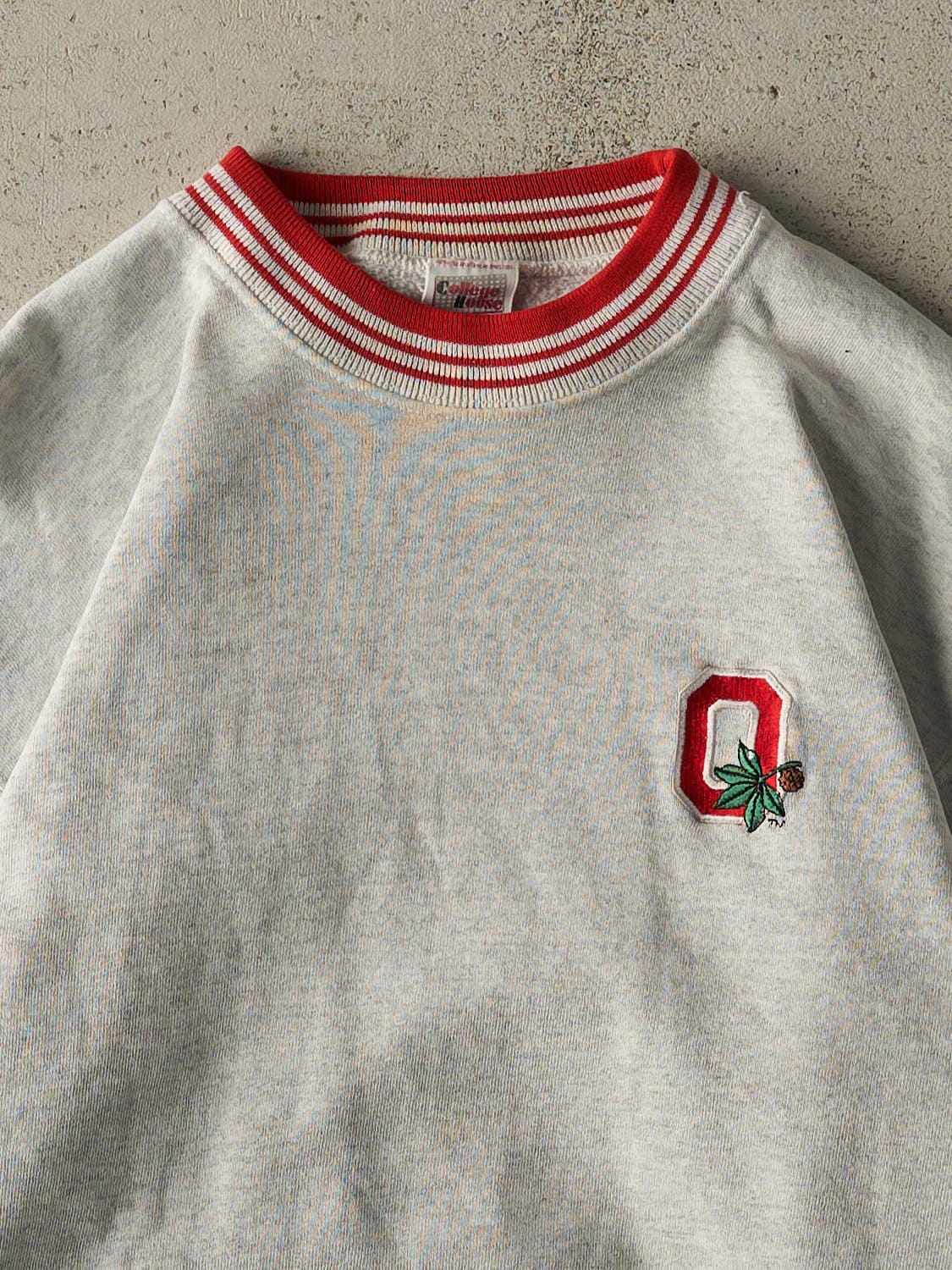 Vintage 80s Heather Grey Ohio State University Embroidered Ribbed Crewneck (M)