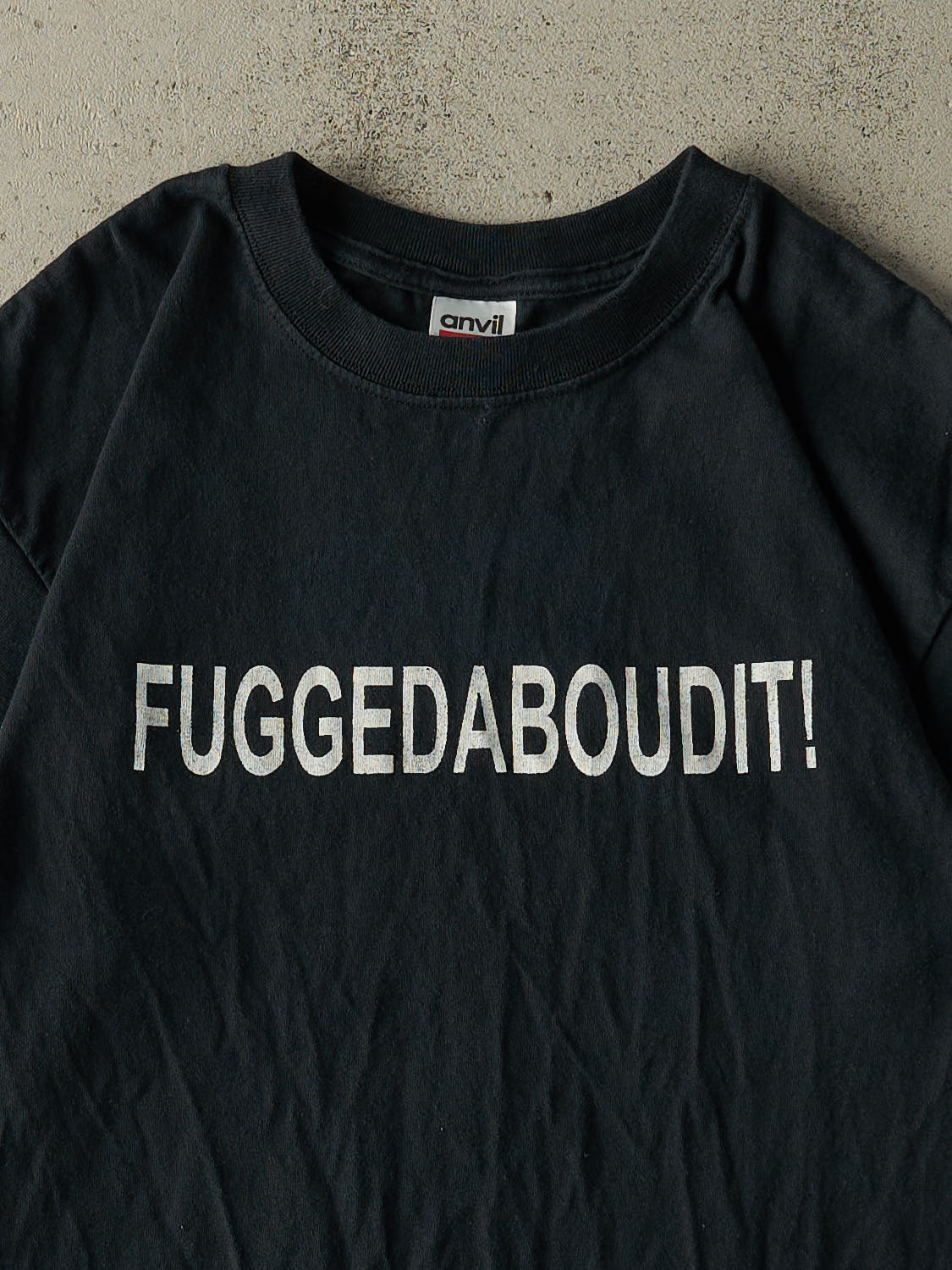 Vintage Y2K Black "Fuggedaboudit!" Slogan Tee (M)