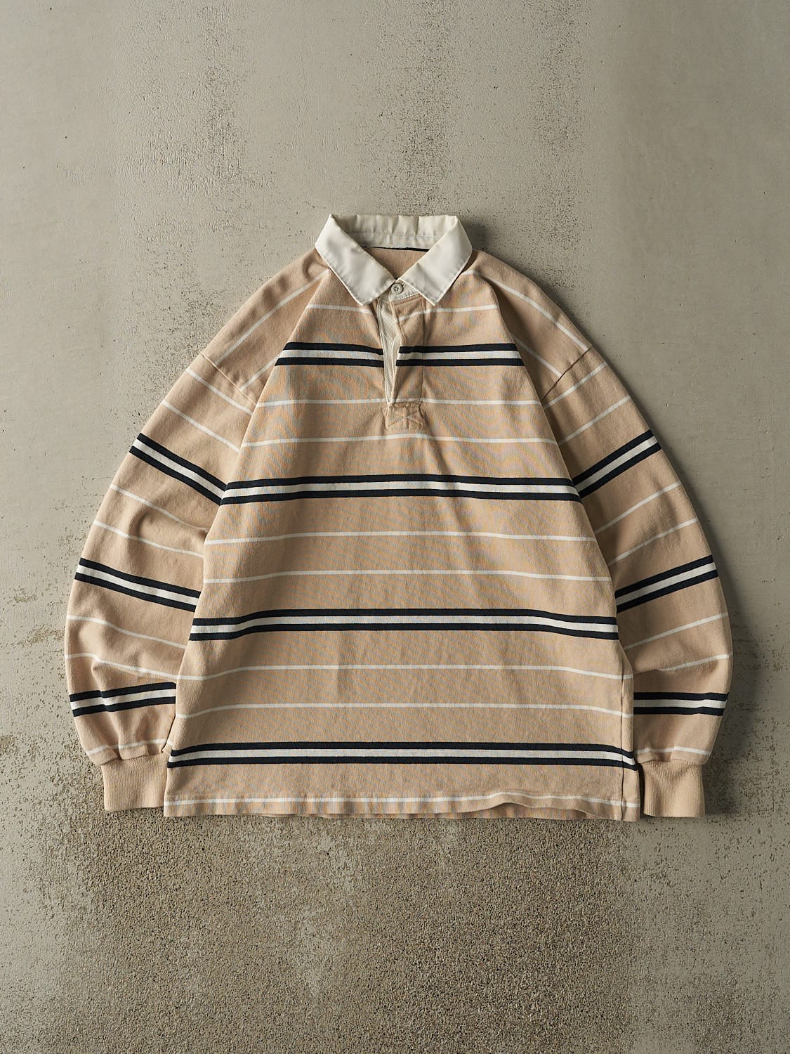 Vintage 90s Beige & Navy Striped Rugby Long Sleeve (L/XL)