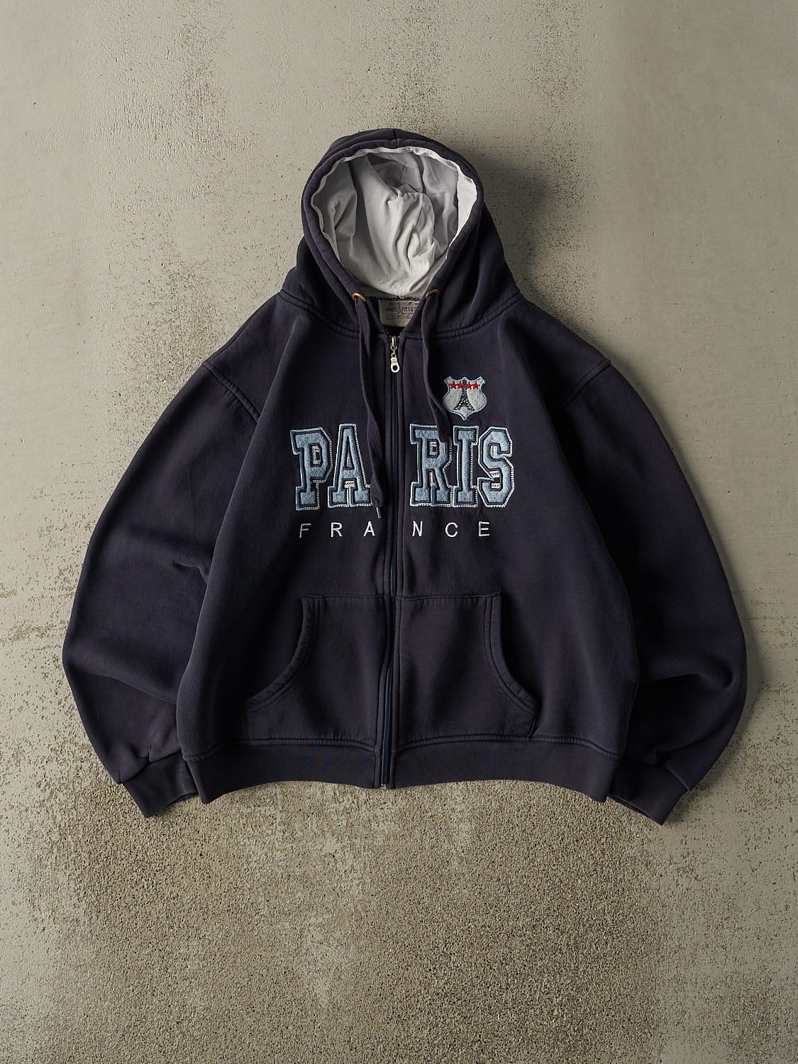 Vintage Y2K Navy Blue Paris France Embroidered Zip Up Hoodie (S/M)