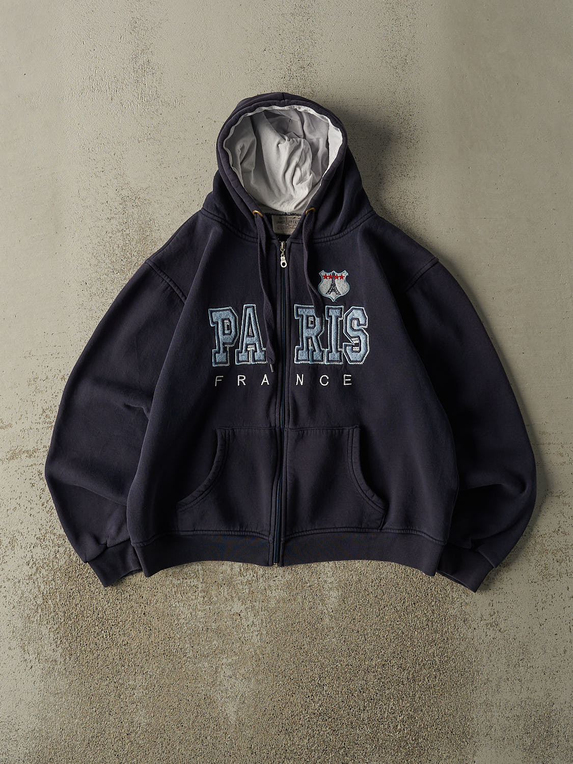 Vintage Y2K Navy Blue Paris France Embroidered Zip Up Hoodie (S/M)
