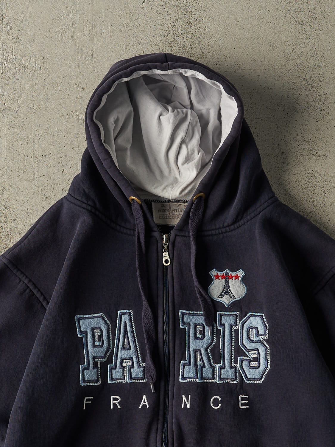 Vintage Y2K Navy Blue Paris France Embroidered Zip Up Hoodie (S/M)