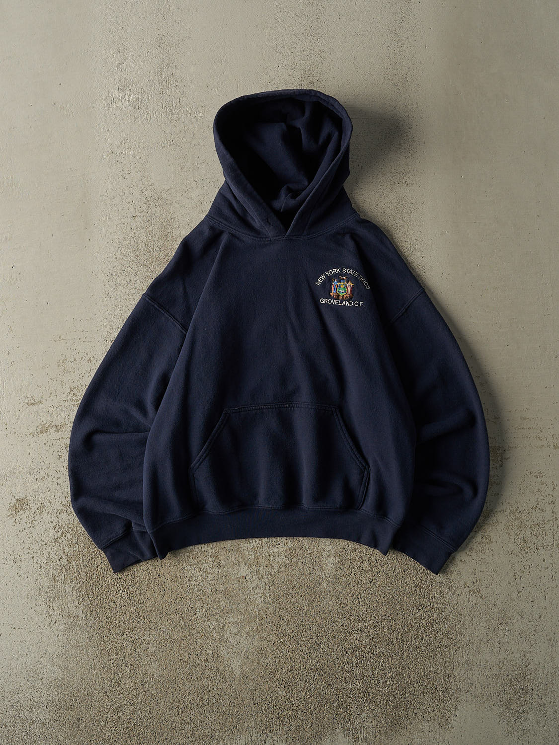 Vintage Y2K Navy Blue New York State Docs Embroidered Hoodie (S/M)