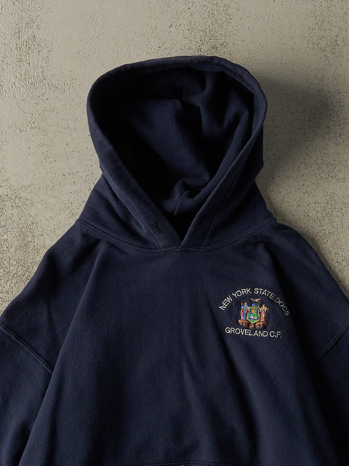 Vintage Y2K Navy Blue New York State Docs Embroidered Hoodie (S/M)