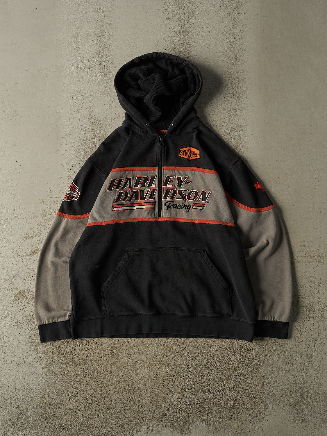 Vintage Y2K Black Harley Davidson Racing Embroidered Quarter Zip Hoodie (L/XL)