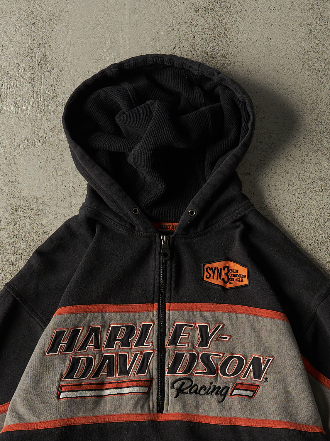 Vintage Y2K Black Harley Davidson Racing Embroidered Quarter Zip Hoodie (L/XL)