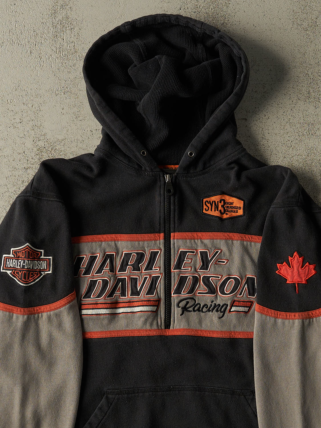Vintage Y2K Black Harley Davidson Racing Embroidered Quarter Zip Hoodie (L/XL)