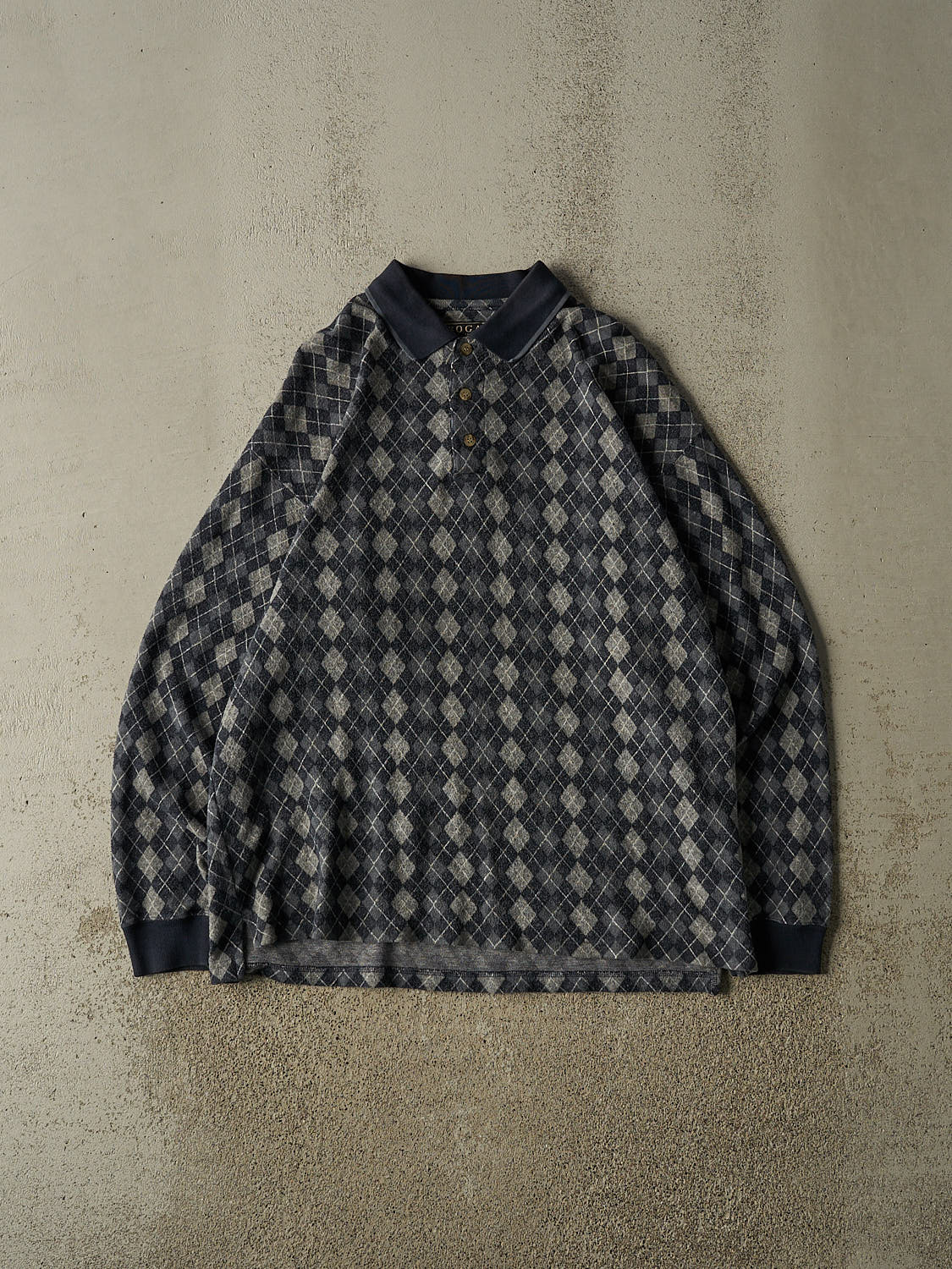 Vintage 90s Navy Blue Quarter Button Patterned Long Sleeve (L/XL)