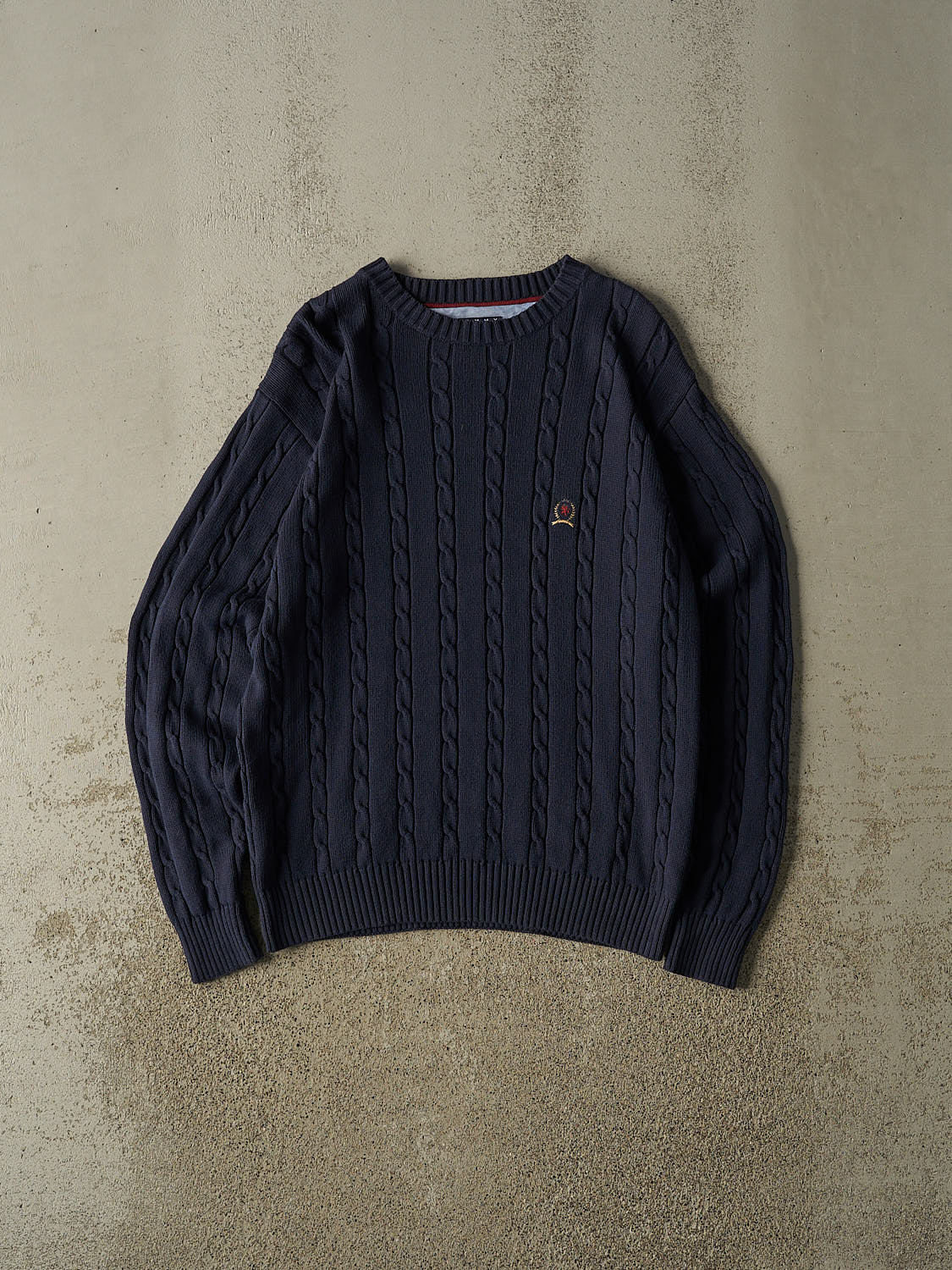 Vintage 90s Navy Blue Tommy Hilfiger Embroidered Cable Knit (M/L)