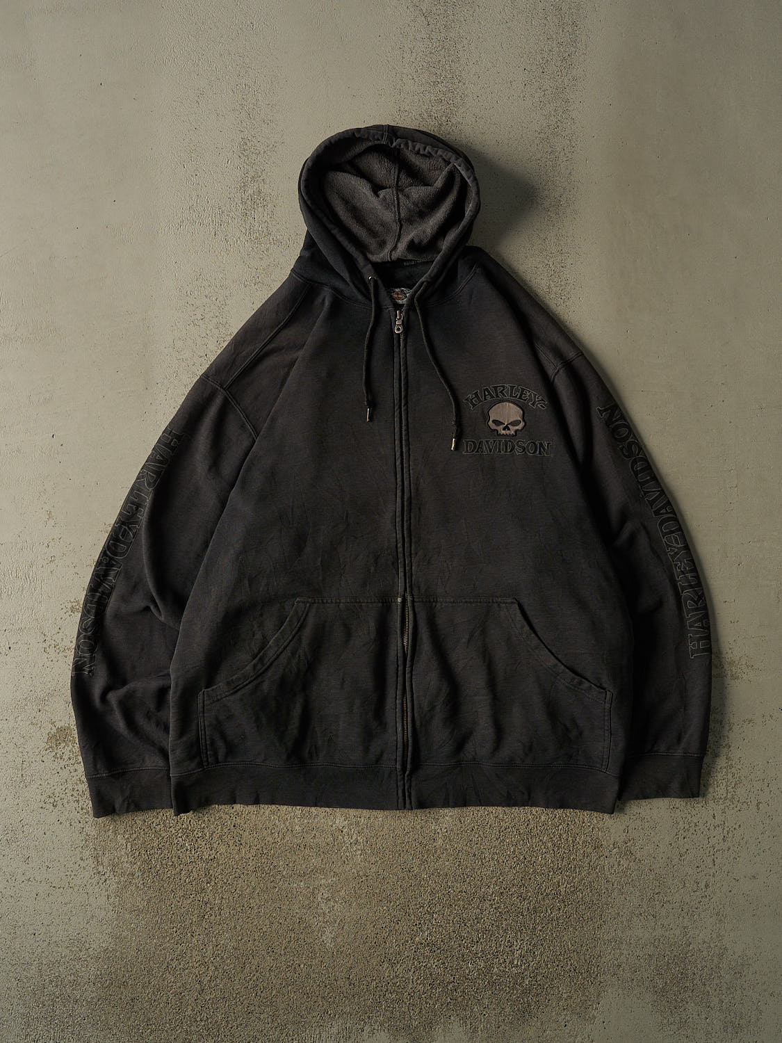 Vintage Y2K Charcoal Grey Harley Davidson Embroidered Zip Up Hoodie (XXL/XXXL)