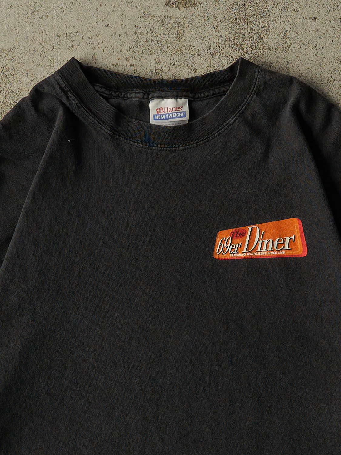 Vintage Y2K Faded Black 69er Diner Slogan Tee (L/XL)