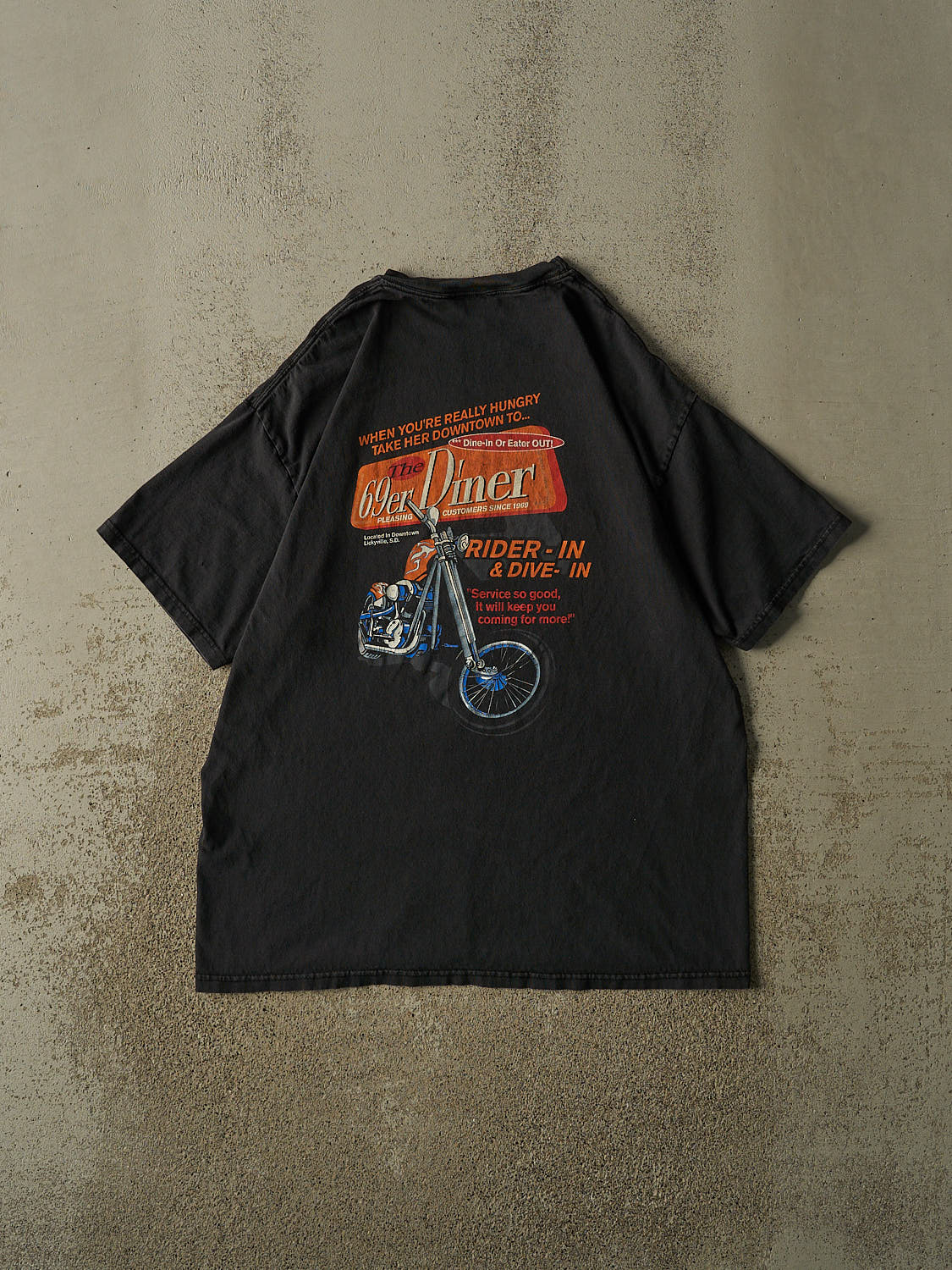 Vintage Y2K Faded Black 69er Diner Slogan Tee (L/XL)