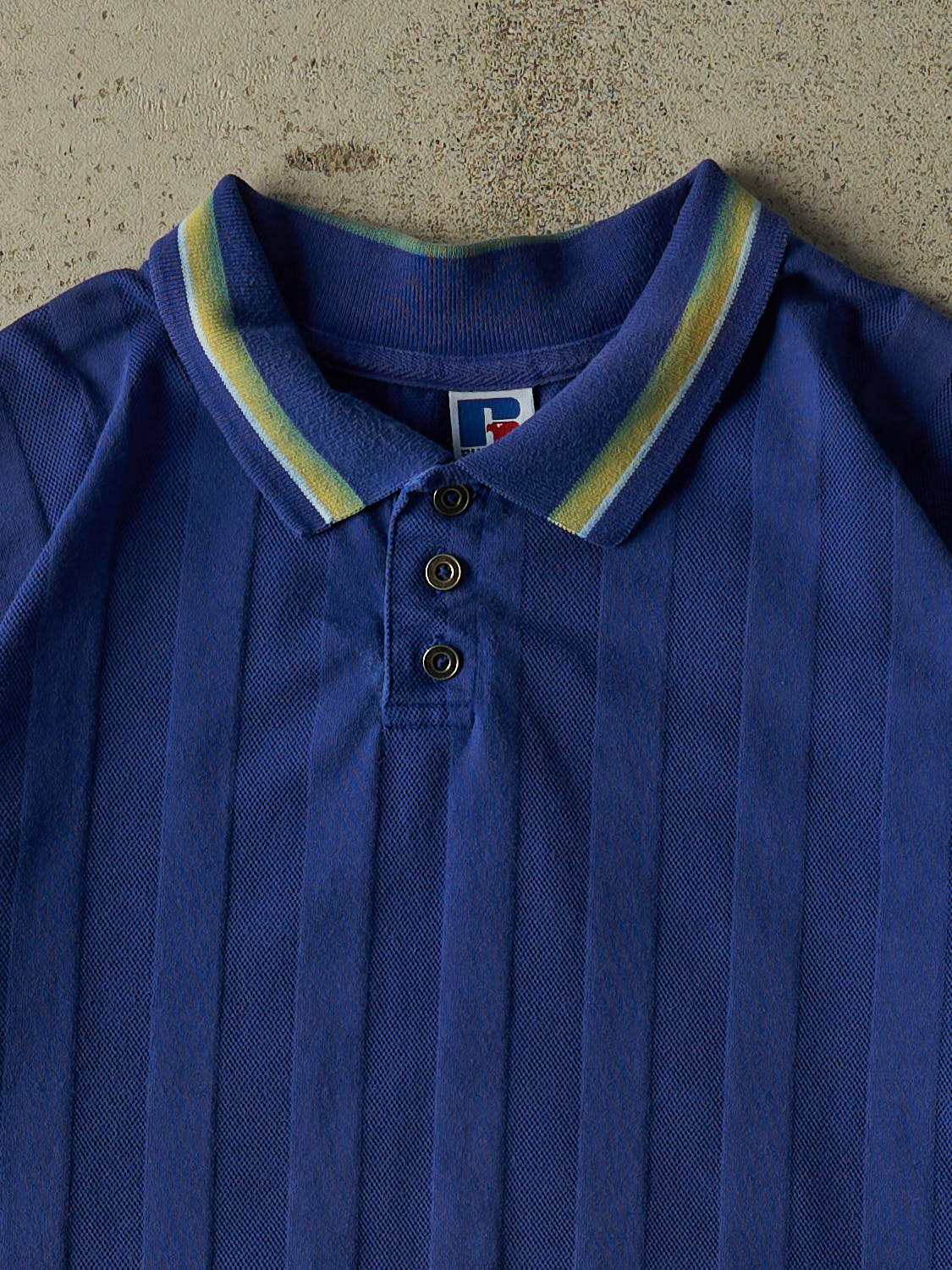 Vintage 90s Blue Russell Athletic Striped Quarter Button Tee (XL)
