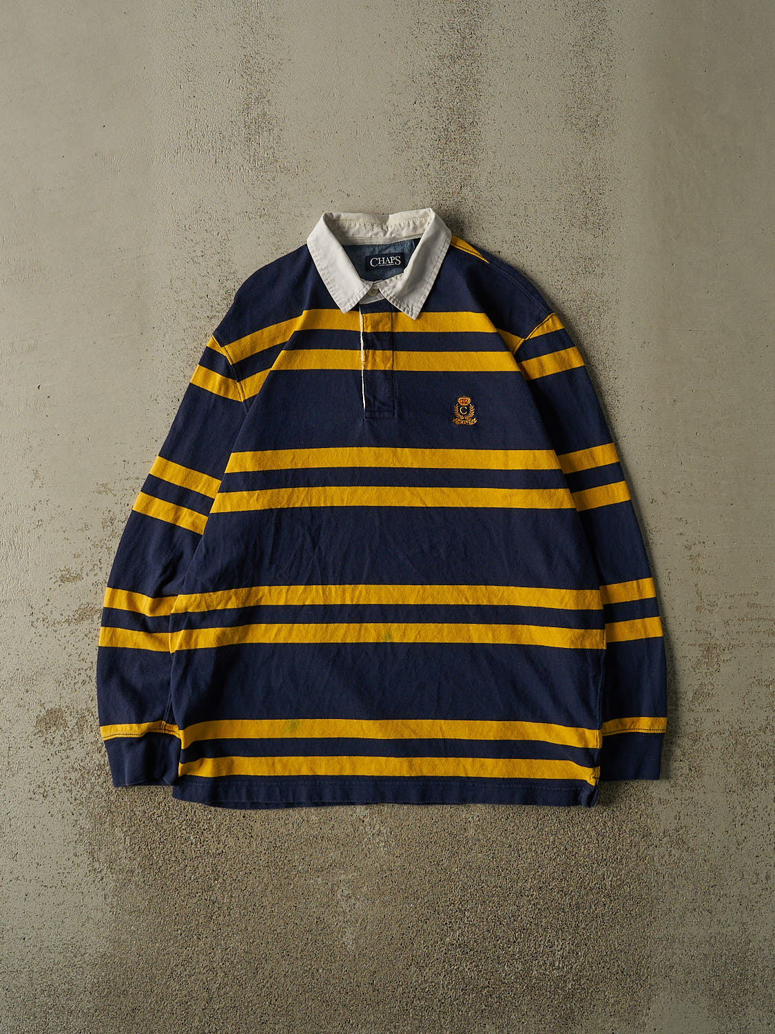 Vintage Y2K Navy Blue & Yellow Chaps Quarter Button Rugby Long Sleeve (L/XL)
