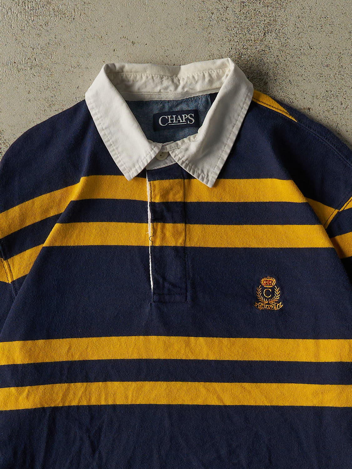 Vintage Y2K Navy Blue & Yellow Chaps Quarter Button Rugby Long Sleeve (L/XL)