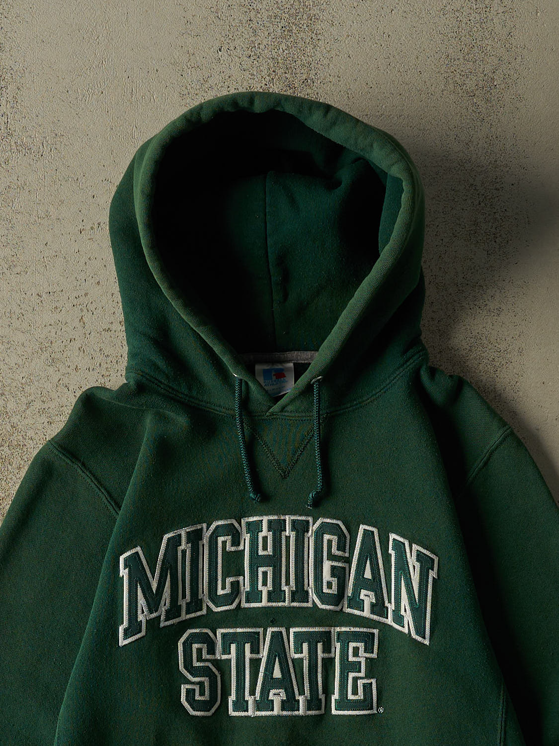 Vintage Y2K Sun Faded Green Russell Athletic Michigan State University Hoodie (XS/S)