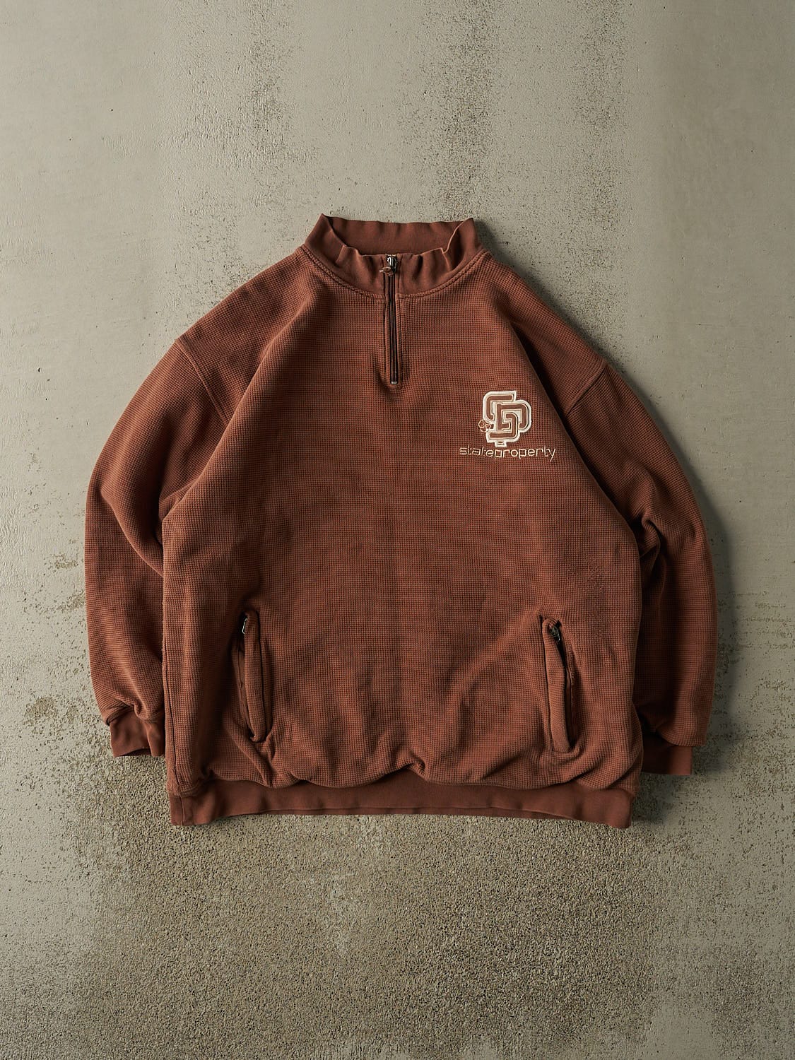 Vintage 90s Brown State Property Quarter Zip Waffle Knit Heavyweight Sweater (XL/XXL)