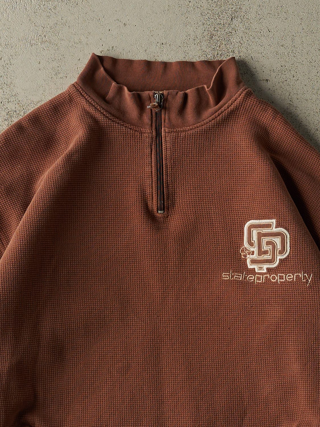 Vintage 90s Brown State Property Quarter Zip Waffle Knit Heavyweight Sweater (XL/XXL)