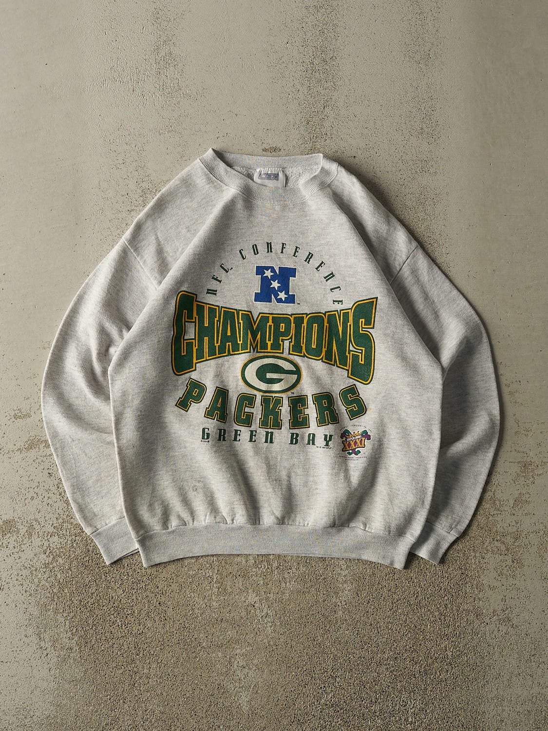 Vintage 97' Heather Grey Green Bay Packers NFC Champions Crewneck (M/L)