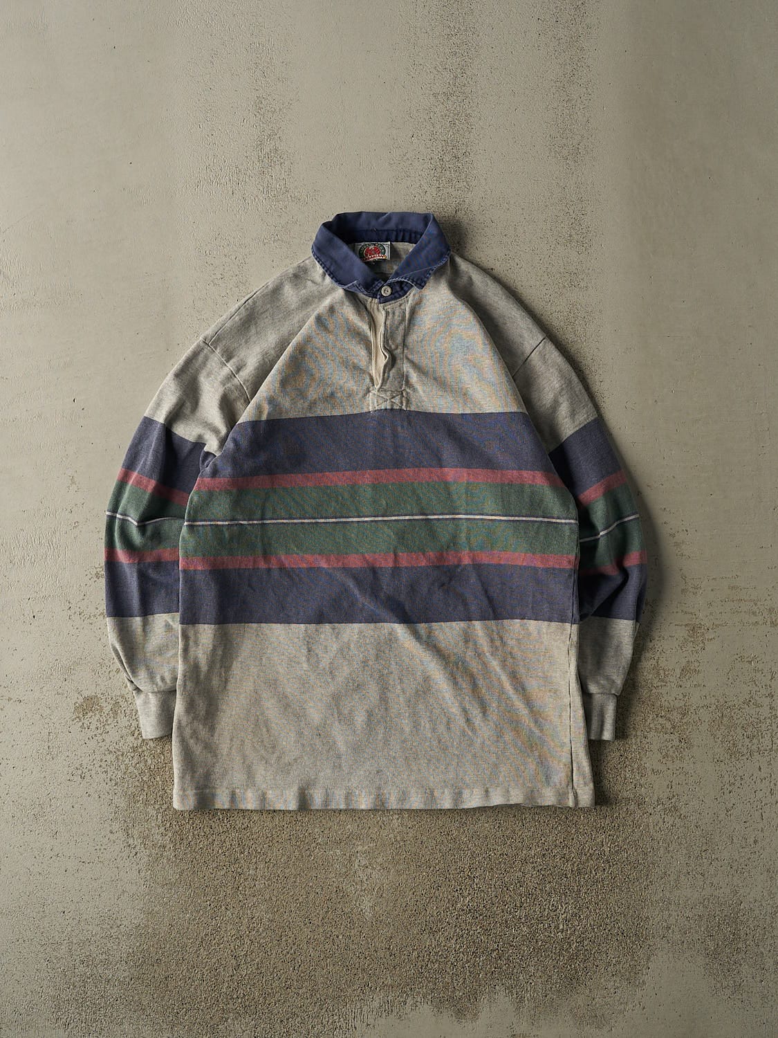Vintage 90s Grey Striped Quarter Button Long Sleeve (XL/XXL)