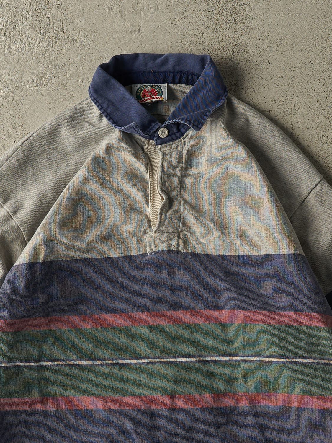 Vintage 90s Grey Striped Quarter Button Long Sleeve (XL/XXL)