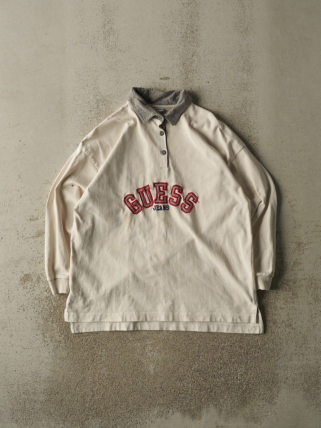 Vintage 90s Beige Guess Jeans Quarter Button Long Sleeve (L/XL)