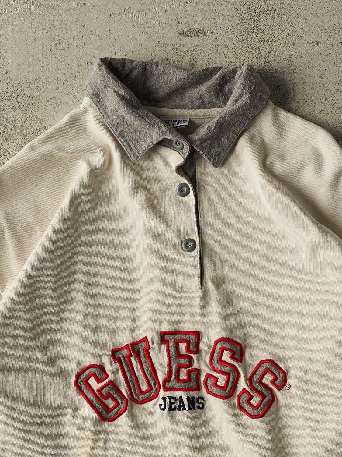 Vintage 90s Beige Guess Jeans Quarter Button Long Sleeve (L/XL)