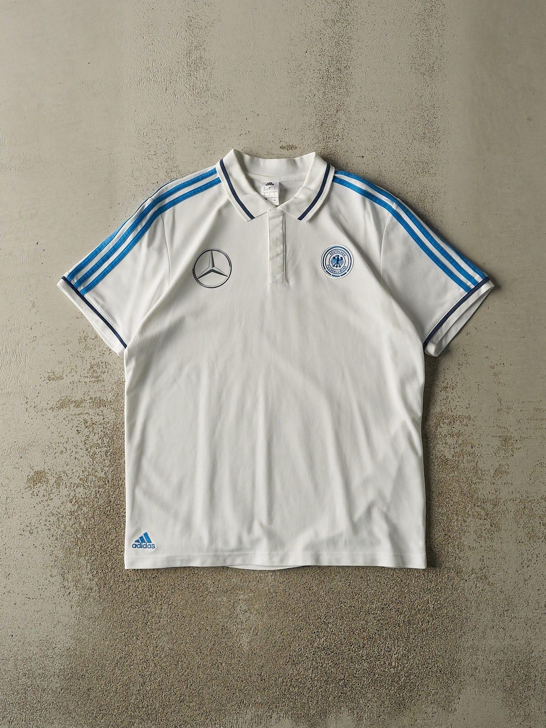 Vintage Y2K White Mercedes Benz x German National Soccer Quarter Button Tee (L/XL)