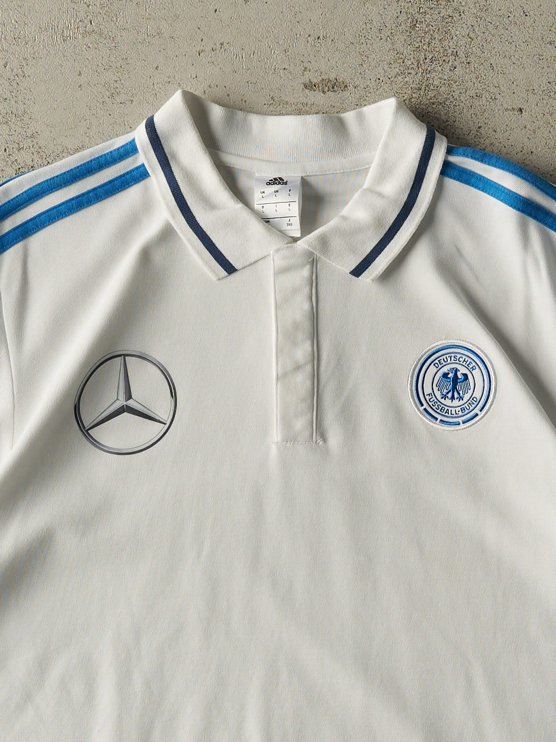 Vintage Y2K White Mercedes Benz x German National Soccer Quarter Button Tee (L/XL)
