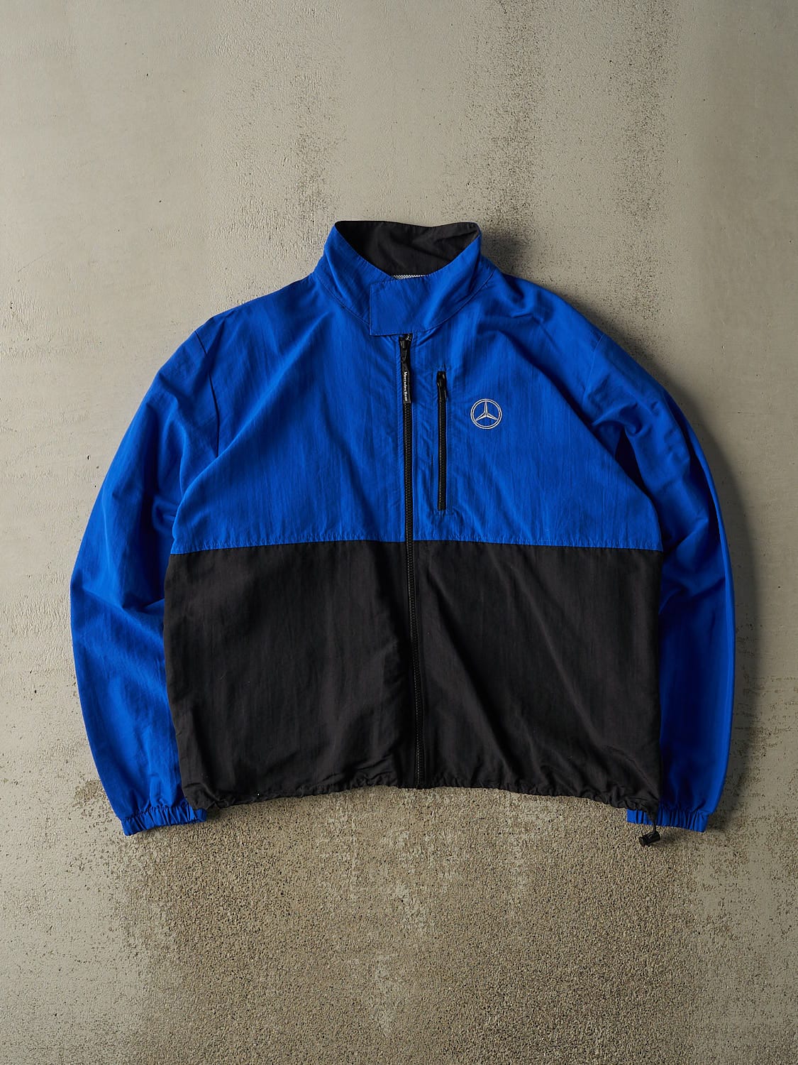 Vintage Y2K Blue Mercedes Benz Embroidered Zip Up Windbreaker Jacket (L/XL)