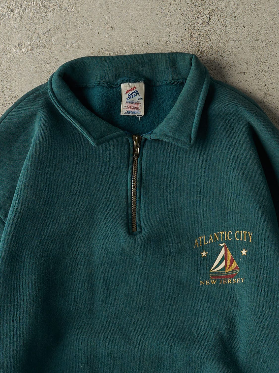 Vintage 80s Teal Atlantic City New Jersey Quarter Zip Sweater (XL)