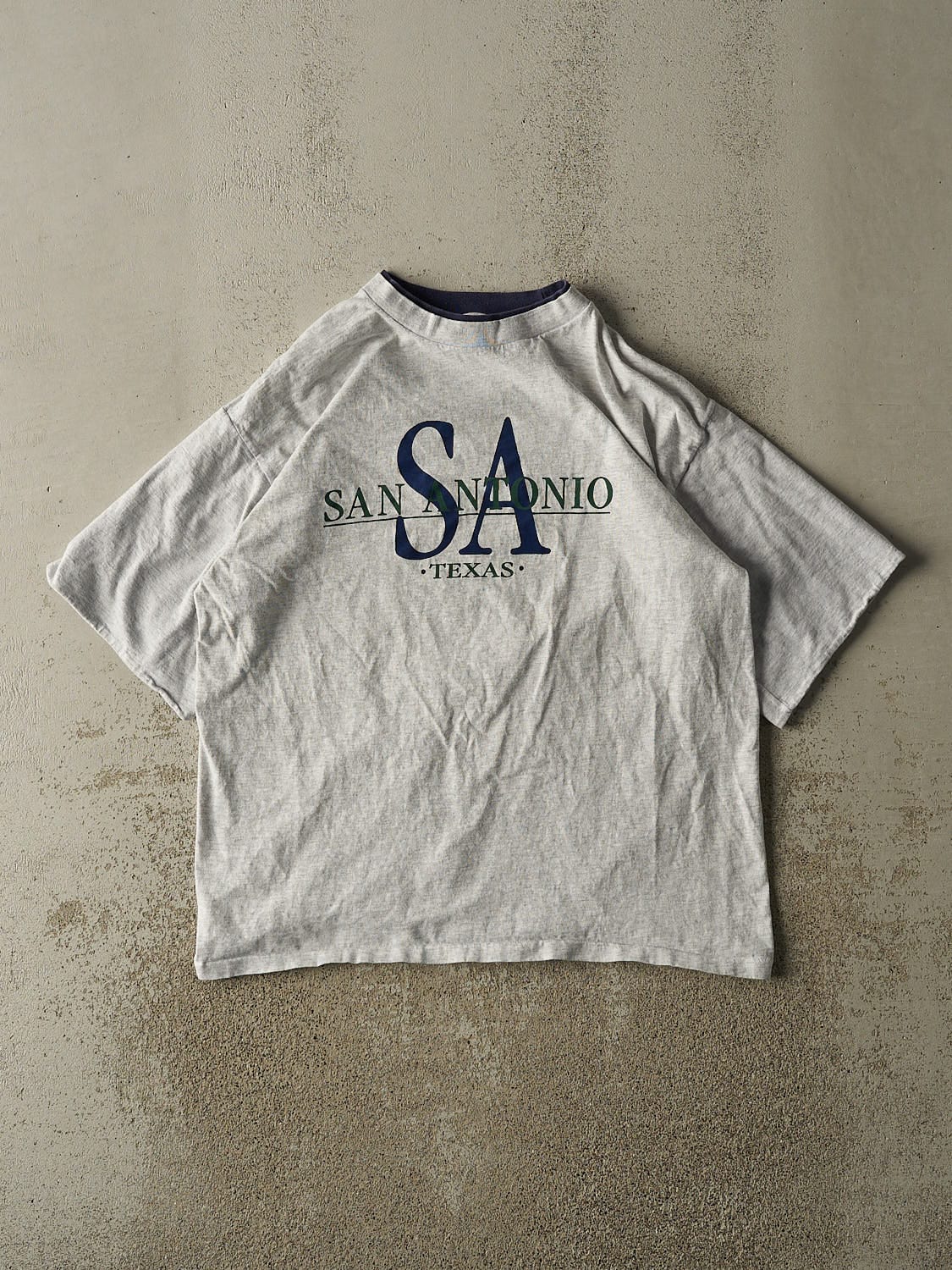 Vintage 90s Heather Grey San Antonio Texas Embroidered Double Neck Tee (L/XL)
