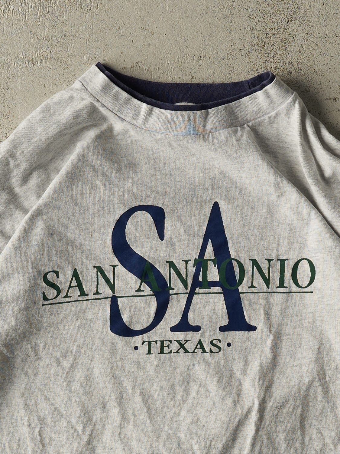 Vintage 90s Heather Grey San Antonio Texas Embroidered Double Neck Tee (L/XL)