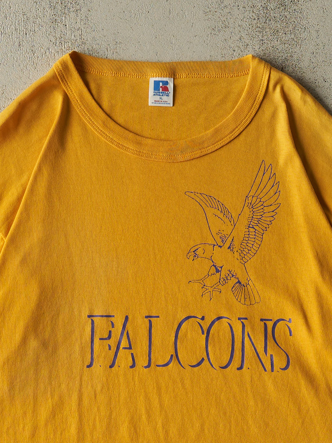 Vintage 80s Yellow Russell Athletic Falcons Tee (XL)