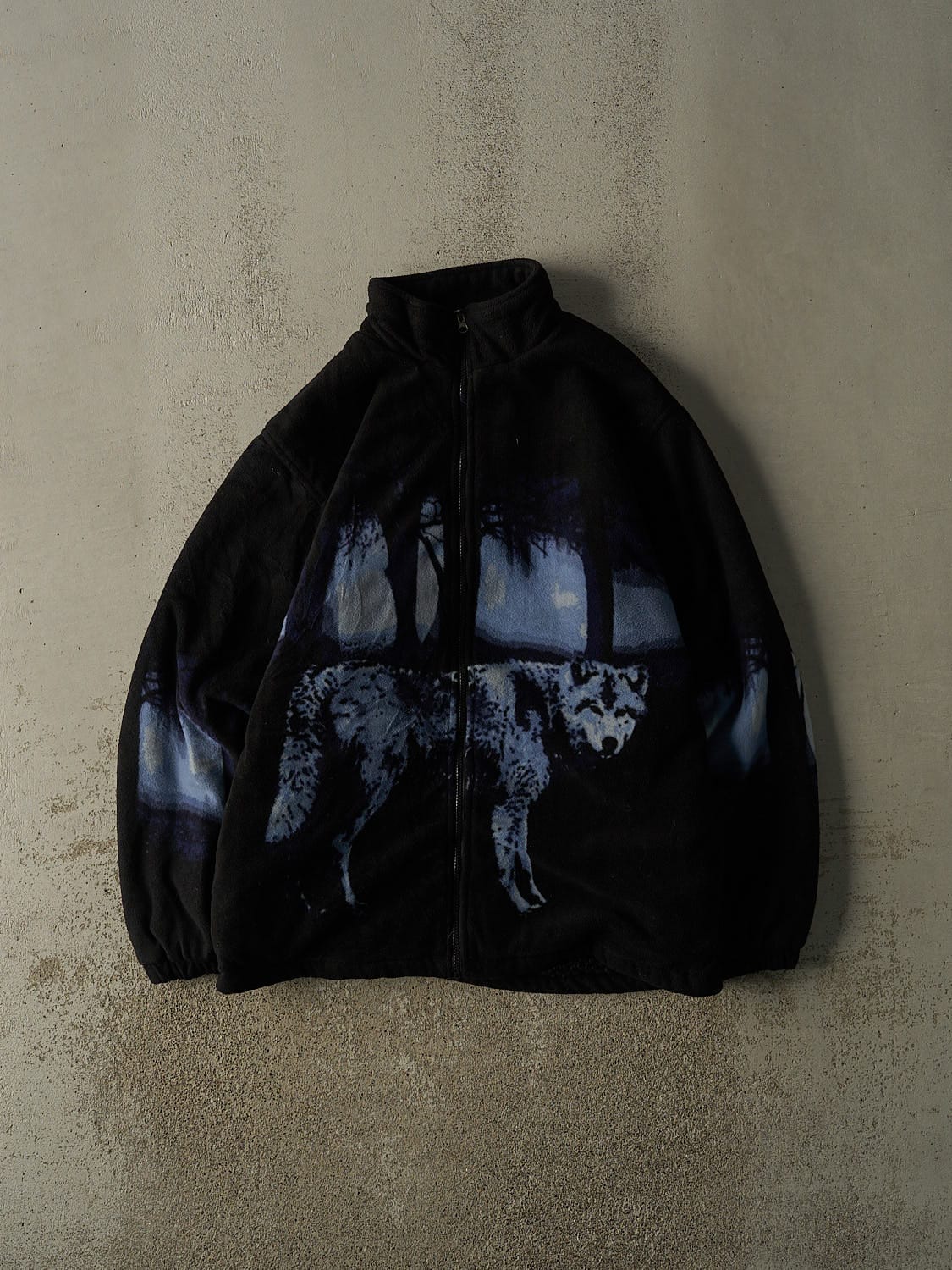 Vintage 90s Black Wolf Zip Up Fleece Jacket (XL)