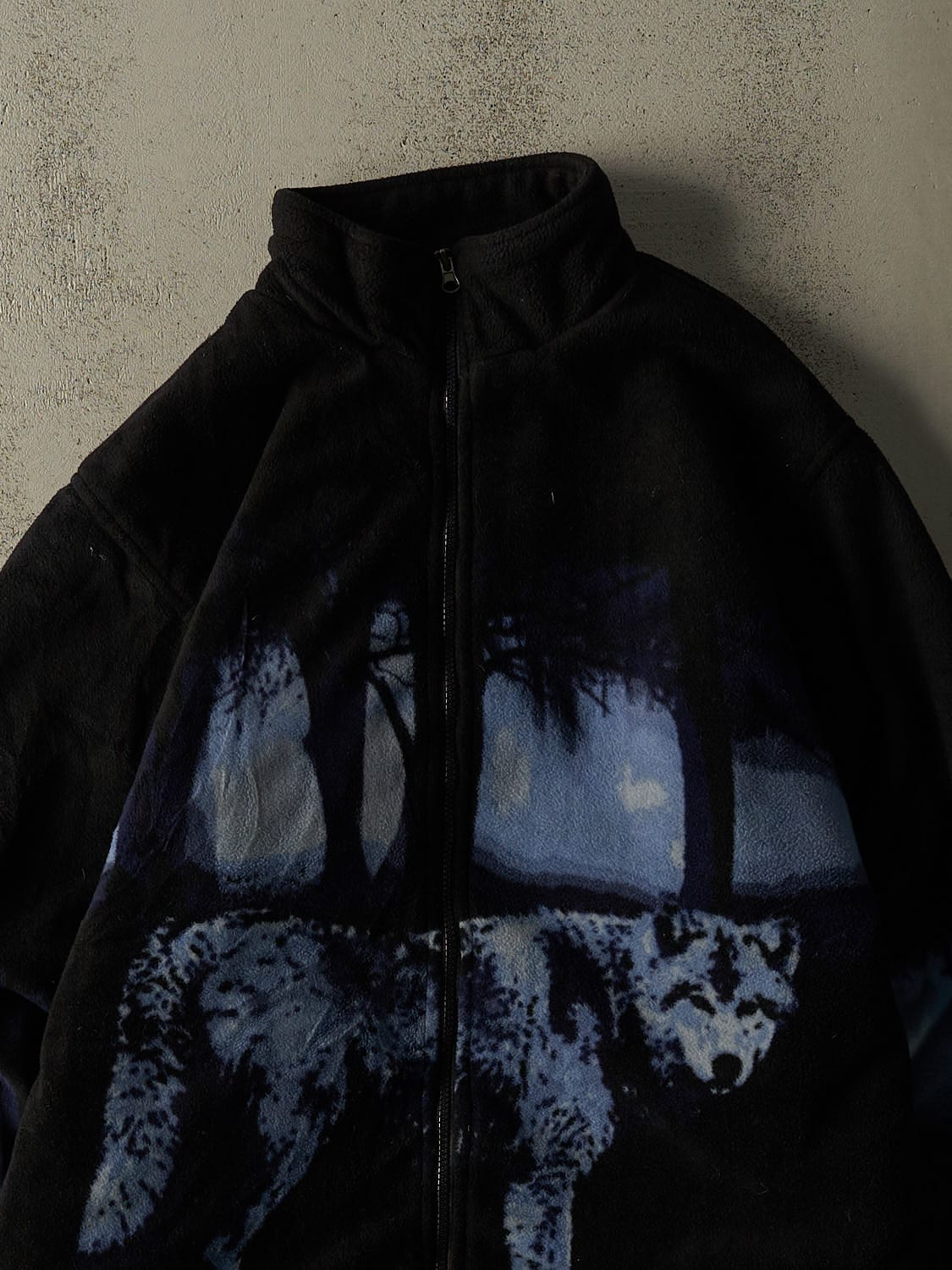 Vintage 90s Black Wolf Zip Up Fleece Jacket (XL)