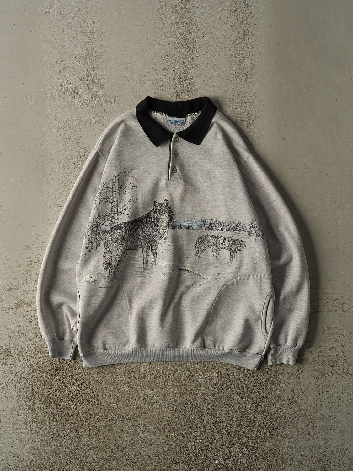 Vintage 90s Grey Wolf AOP Quarter Button Sweater (XL)