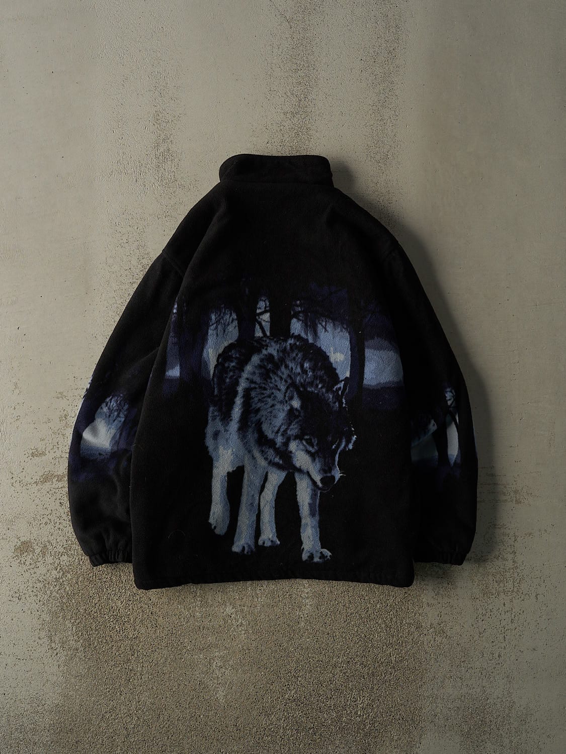 Vintage 90s Black Wolf Zip Up Fleece Jacket (XL)