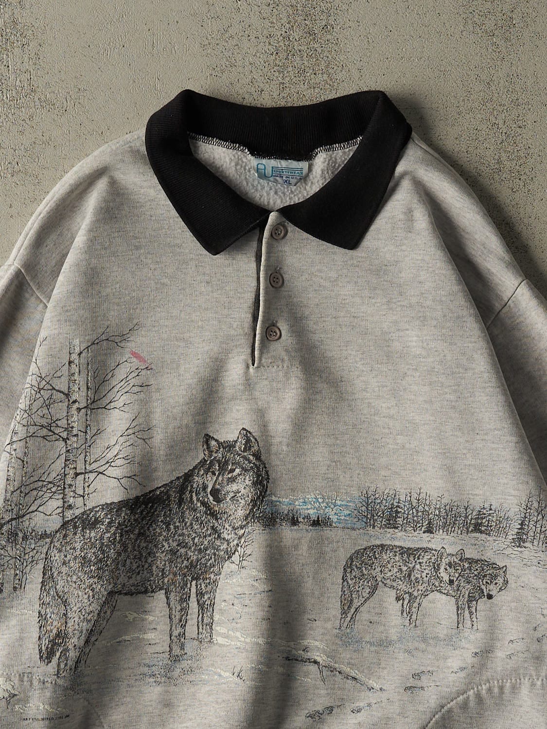 Vintage 90s Grey Wolf AOP Quarter Button Sweater (XL)