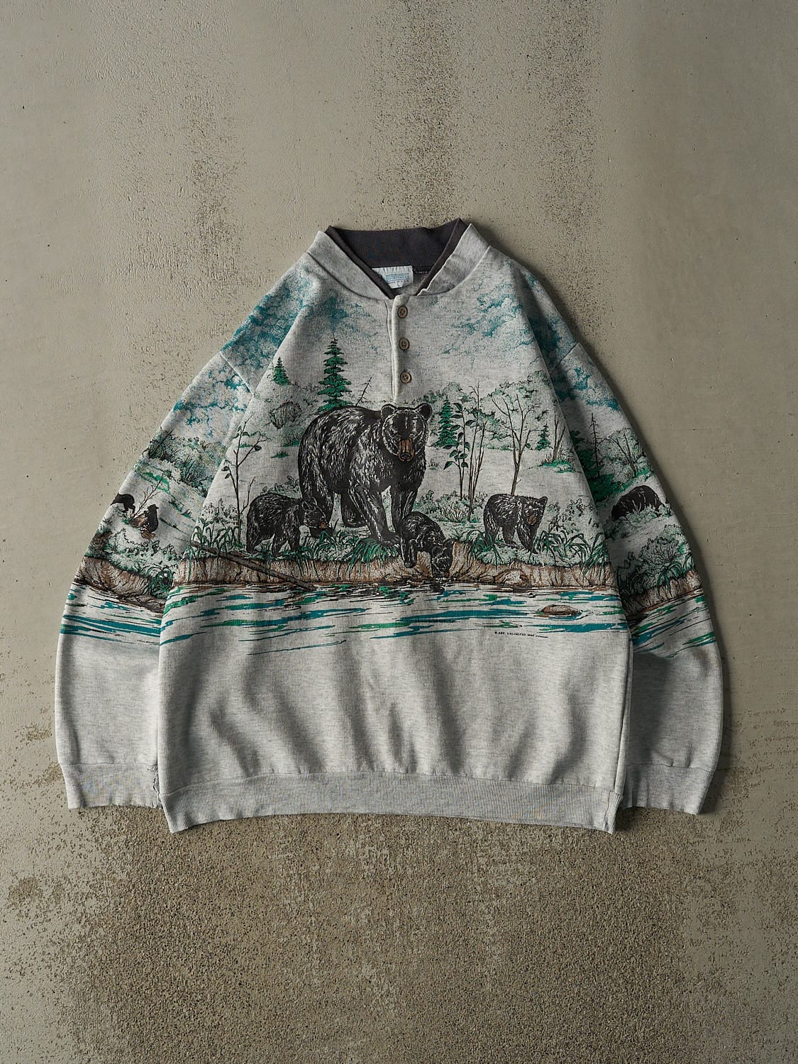 Vintage 90s Grey Bear AOP Quarter Button Sweater (M/L)