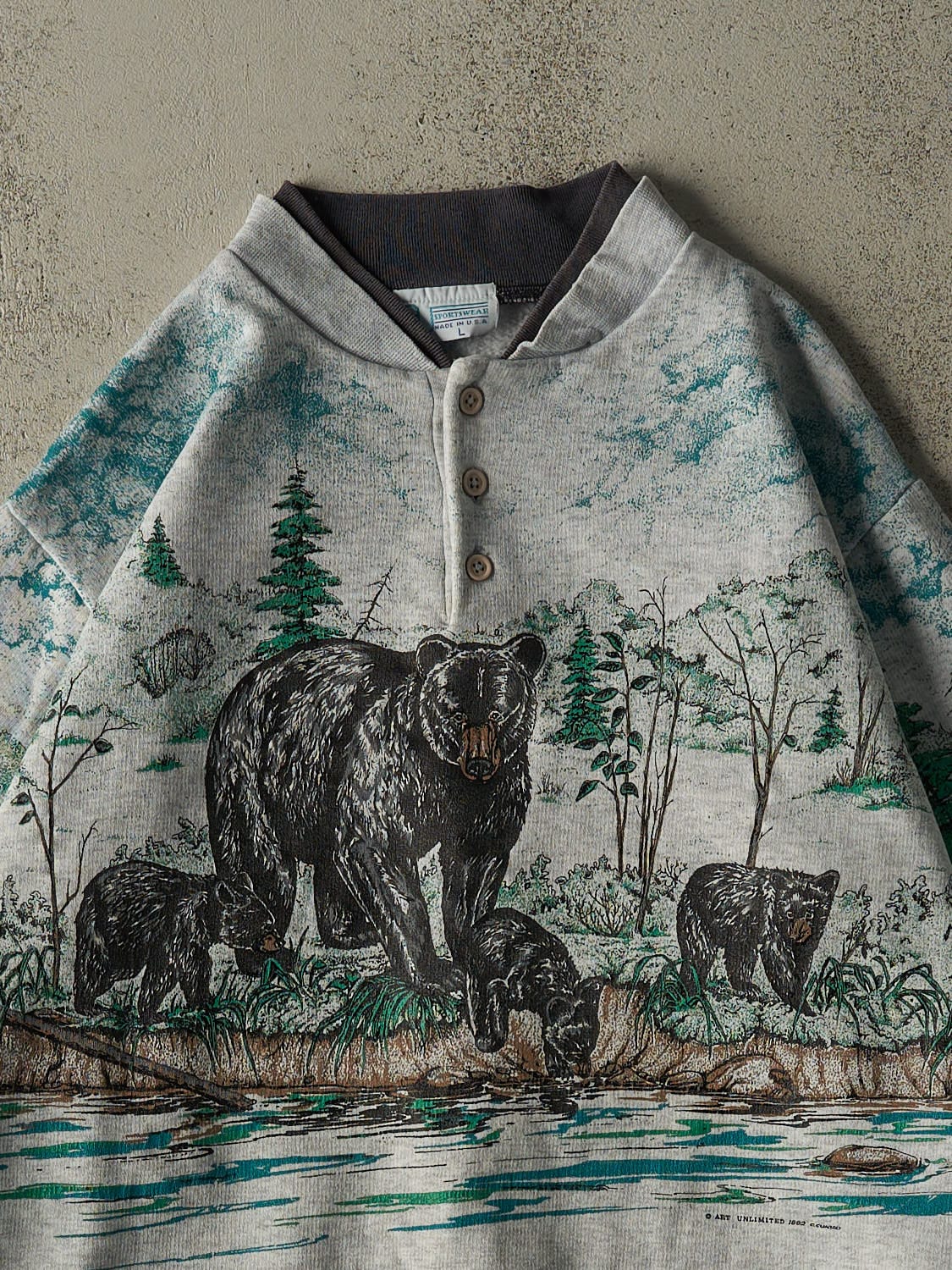Vintage 90s Grey Bear AOP Quarter Button Sweater (M/L)